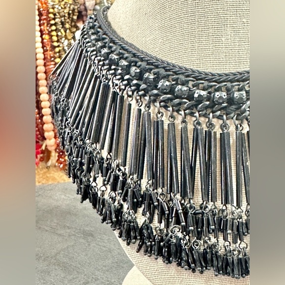 Vintage Zara Metal Fringe Black Glass Bead Chocker Necklace - Picture 2 of 5